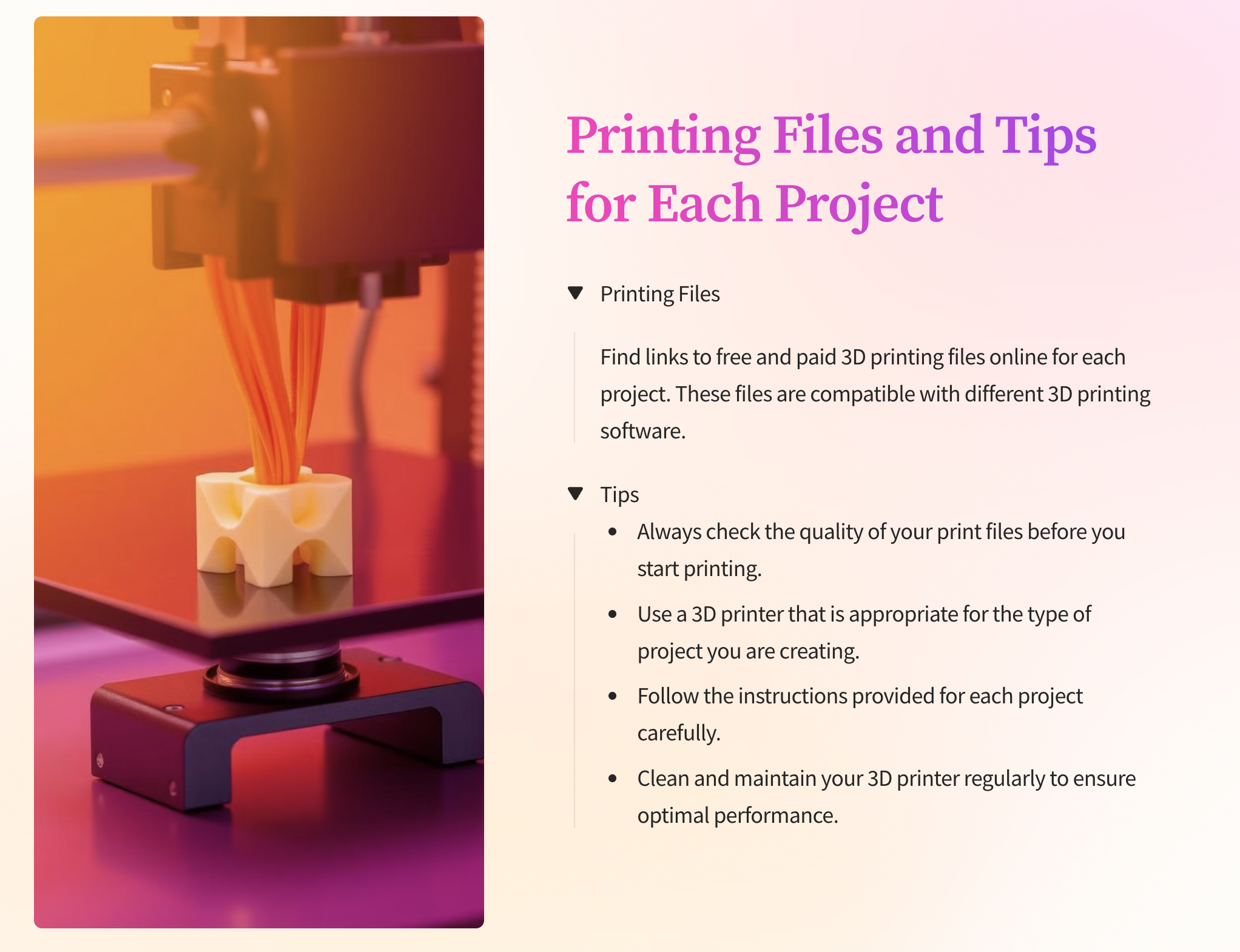 Printing Files and Tips for Each Project