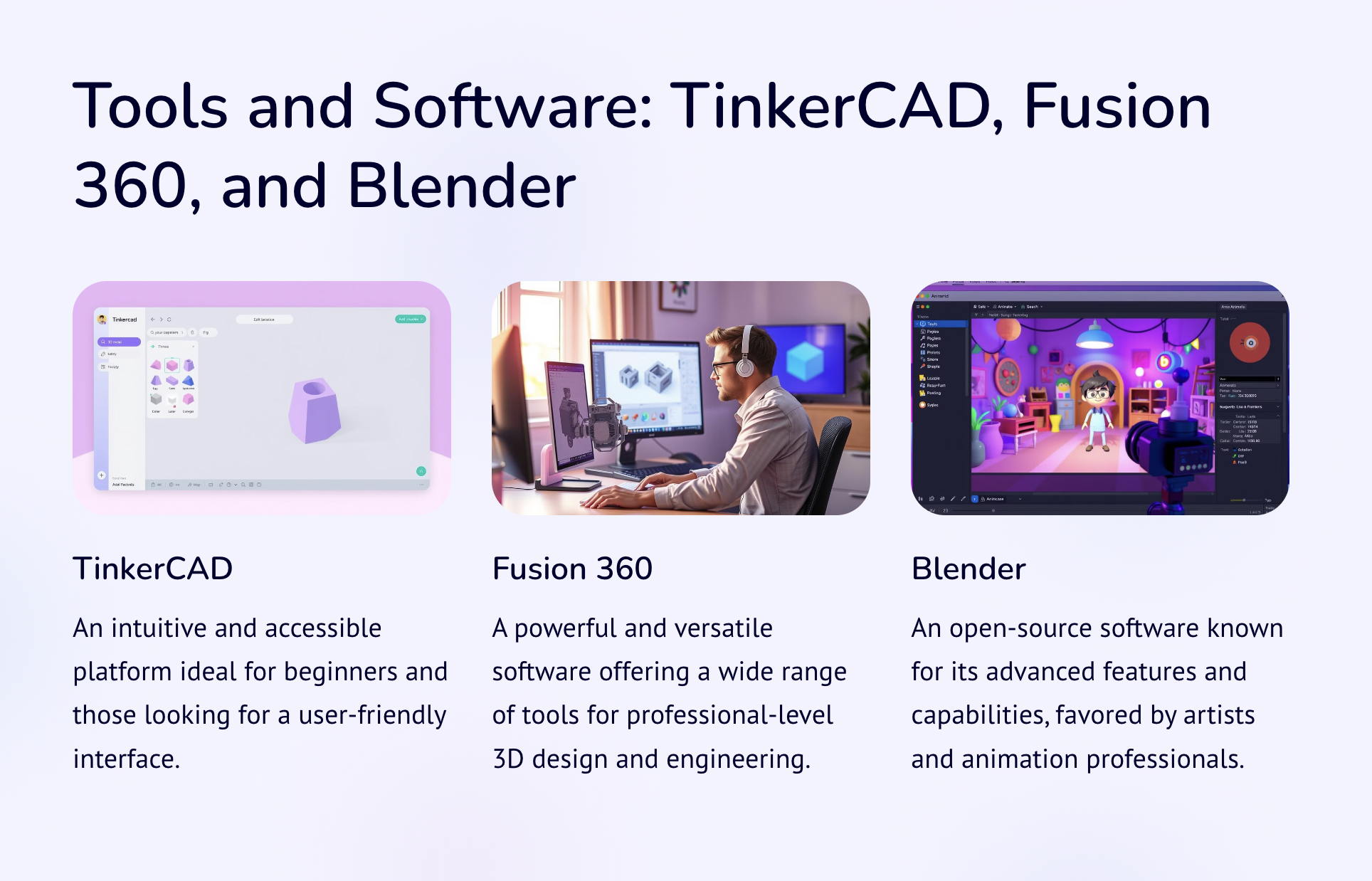 Tools and Software: TinkerCAD, Fusion 360, and Blender